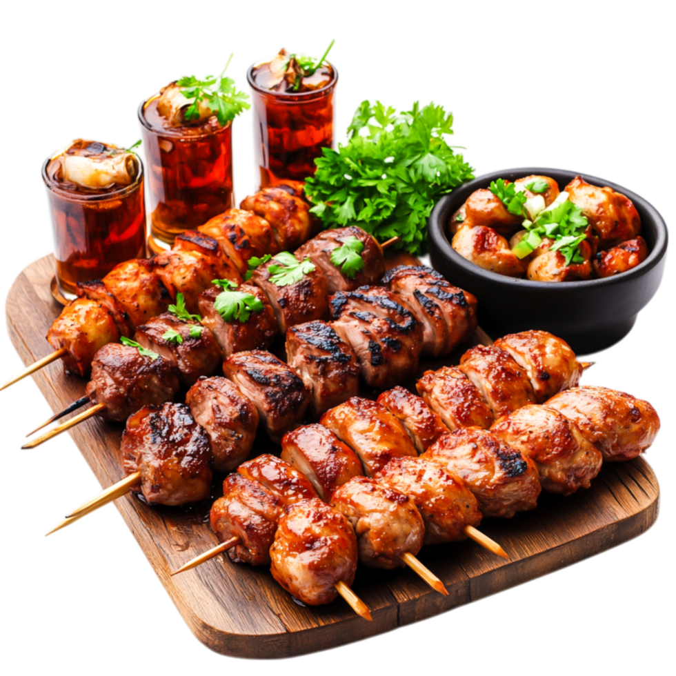 Delicious Grilled Skewers with Spicy Sauces and Refreshing Drinks on Board png