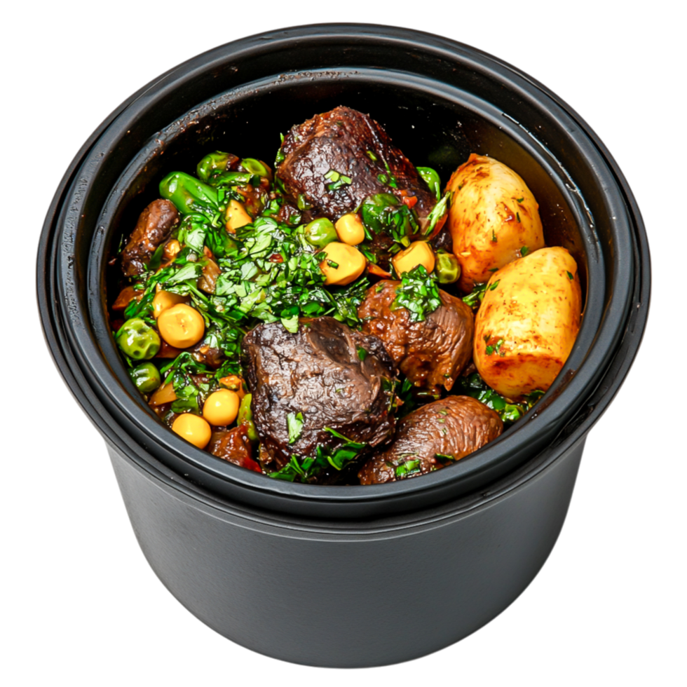 Hearty Beef Stew with Vegetables and Herbs in Black Cookware png