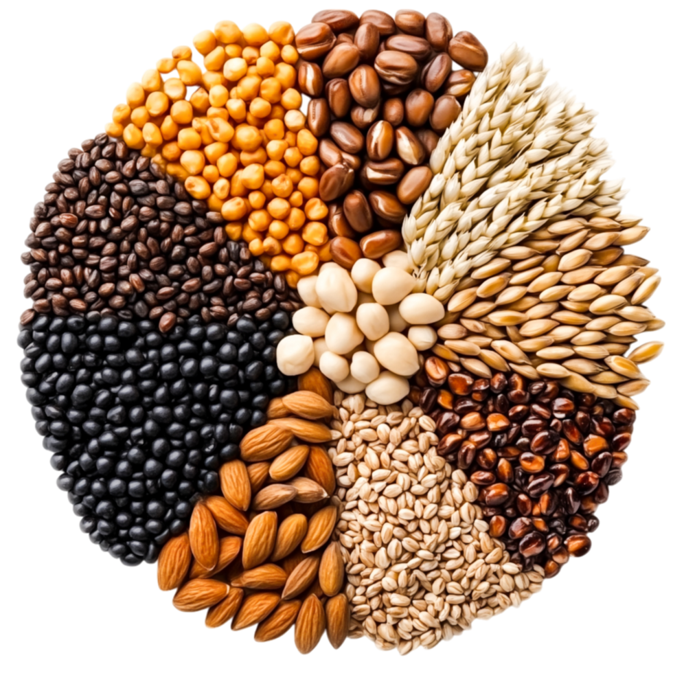 Colorful Arrangement of Various Seeds and Nuts in Circular Pattern png