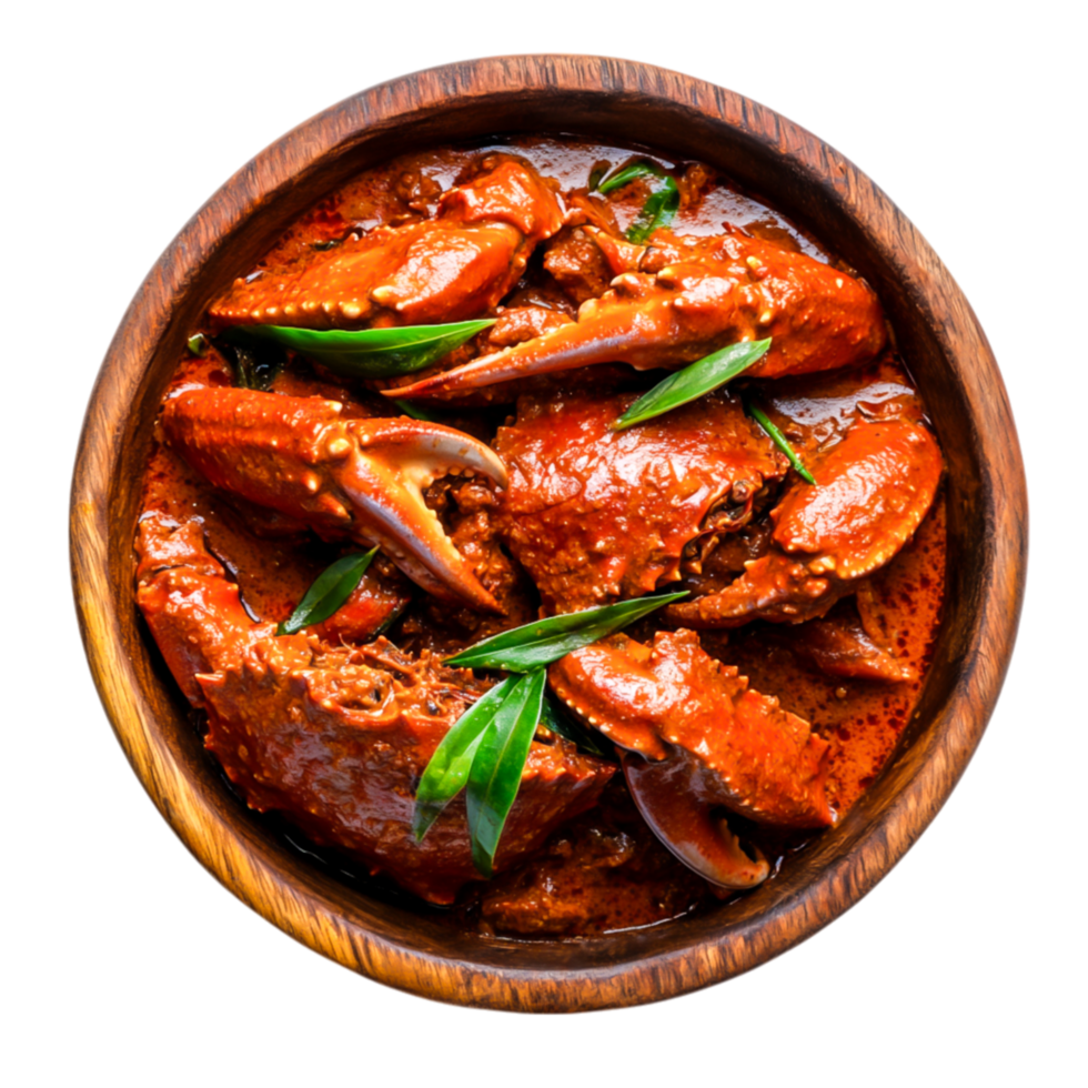 Crabs in Spicy Sauce Served in Wooden Bowl with Green Garnish png