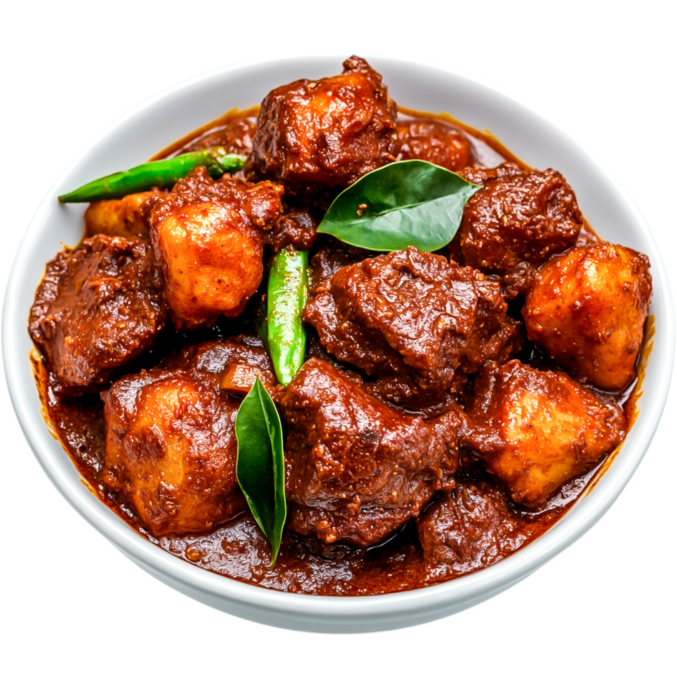 Spicy Meat and Potato Dish with Green Chili and Curry Leaves in Bowl png