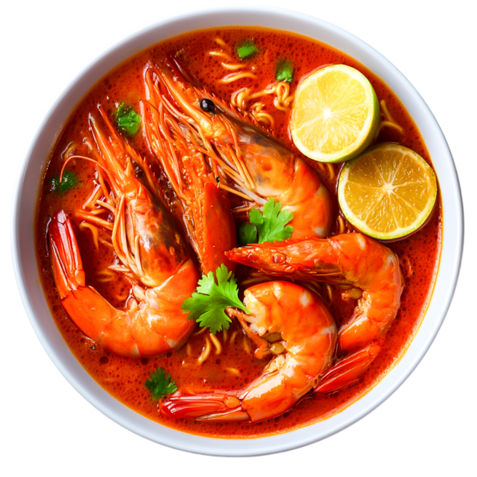 Delicious Seafood Soup with Prawns, Noodles, and Fresh Lime Garnish png