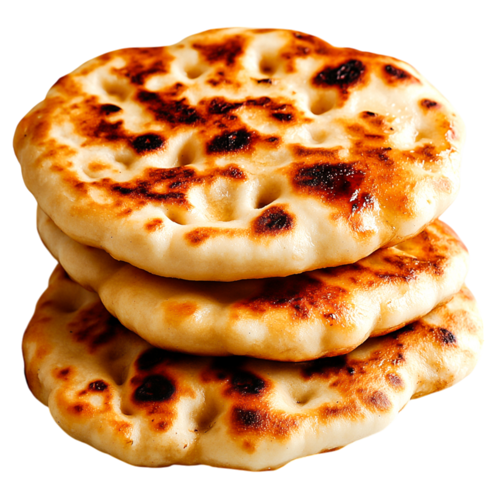 Freshly Baked Naan Bread Stacked High with Charred Spots on png