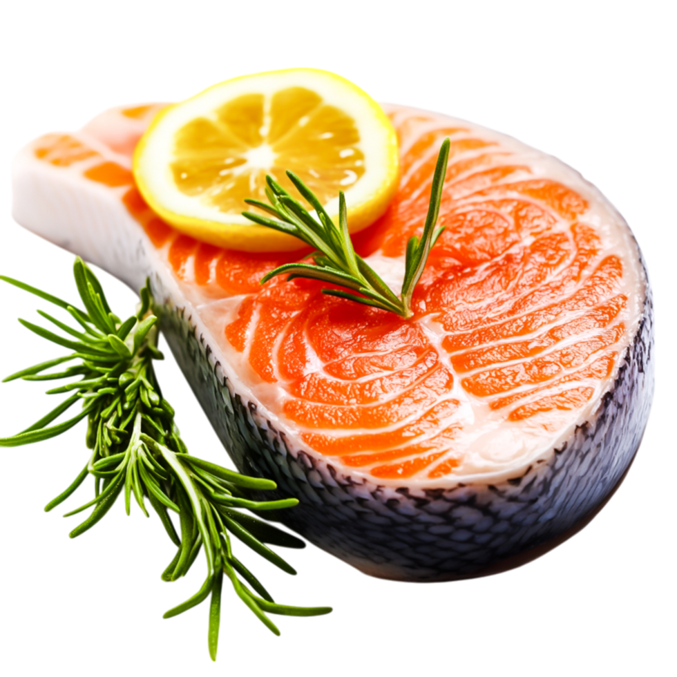 Fresh Salmon Steak with Lemon Slice and Rosemary Garnish on png