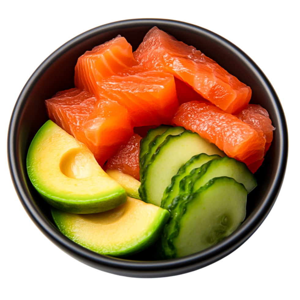 Fresh Salmon Cubes with Slices of Cucumber and Avocado in Bowl png
