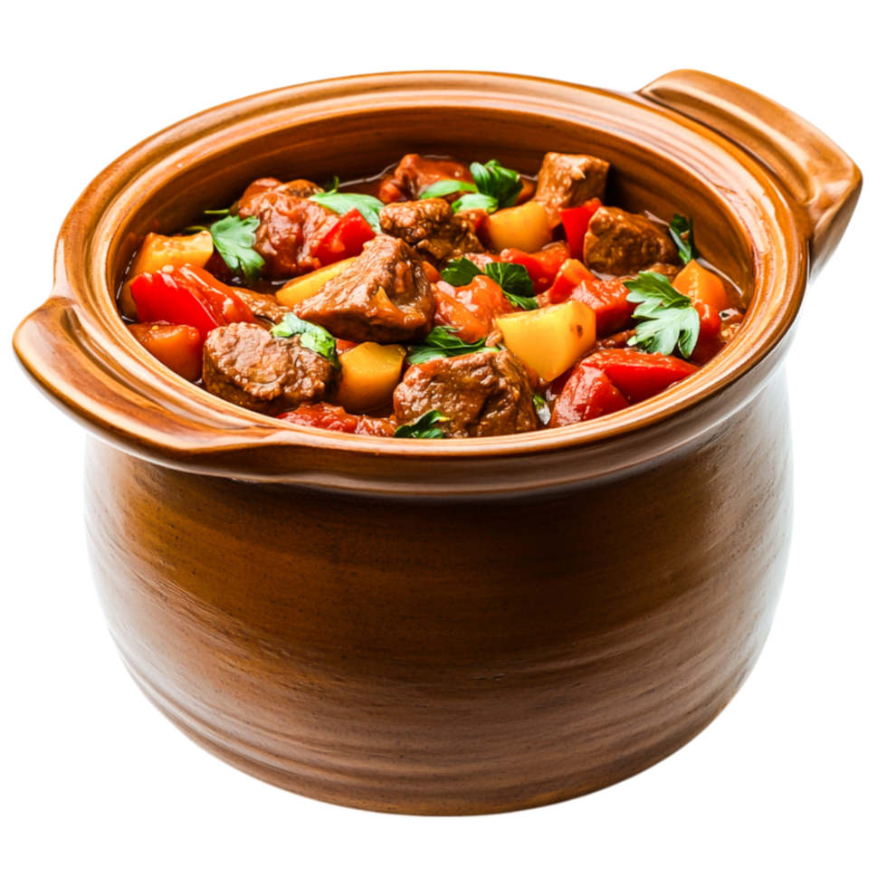 Hearty Beef Stew in Brown Ceramic Pot with Vegetables and Fresh Herbs png