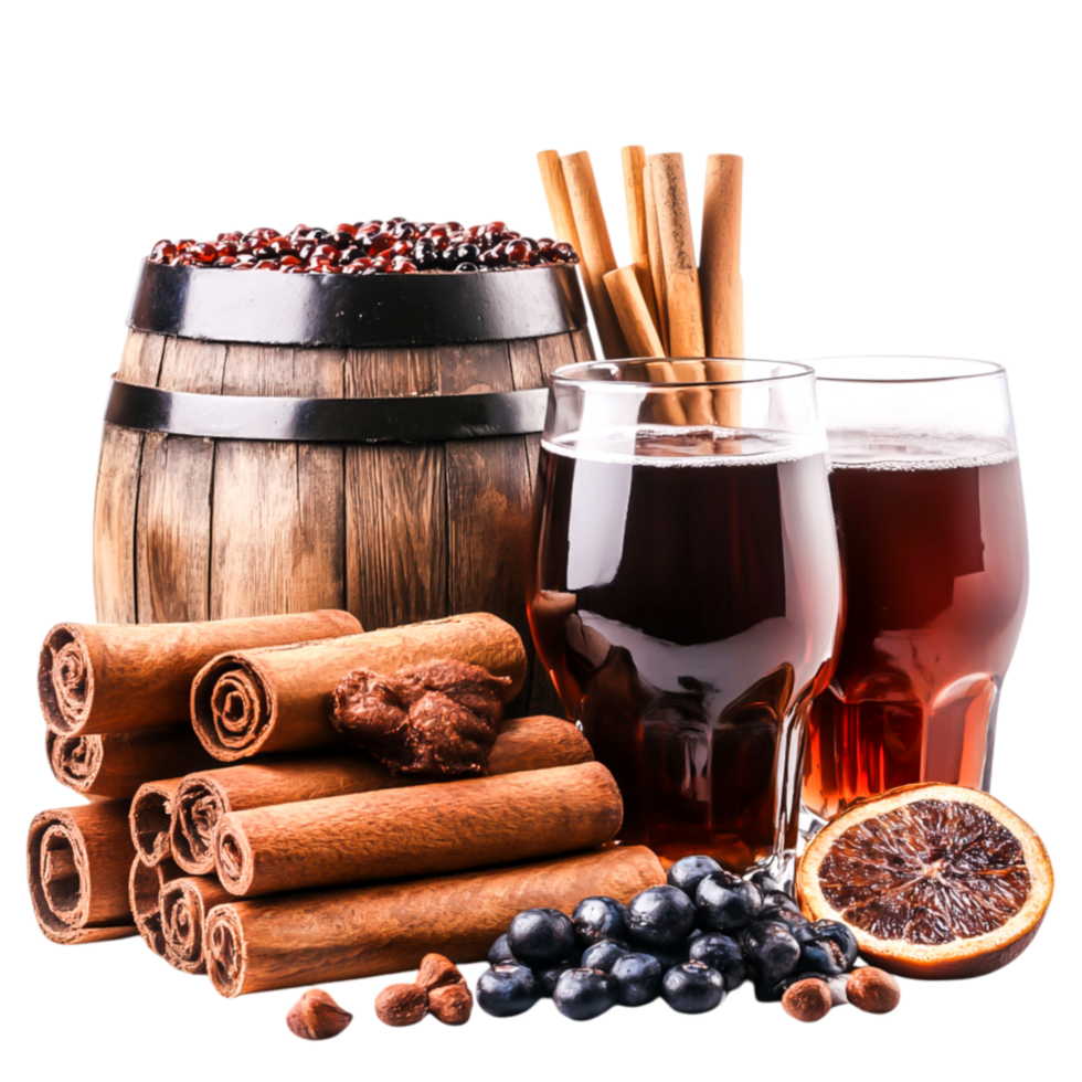 Warm Beverage with Spices and Fruits in a Rustic Setting png