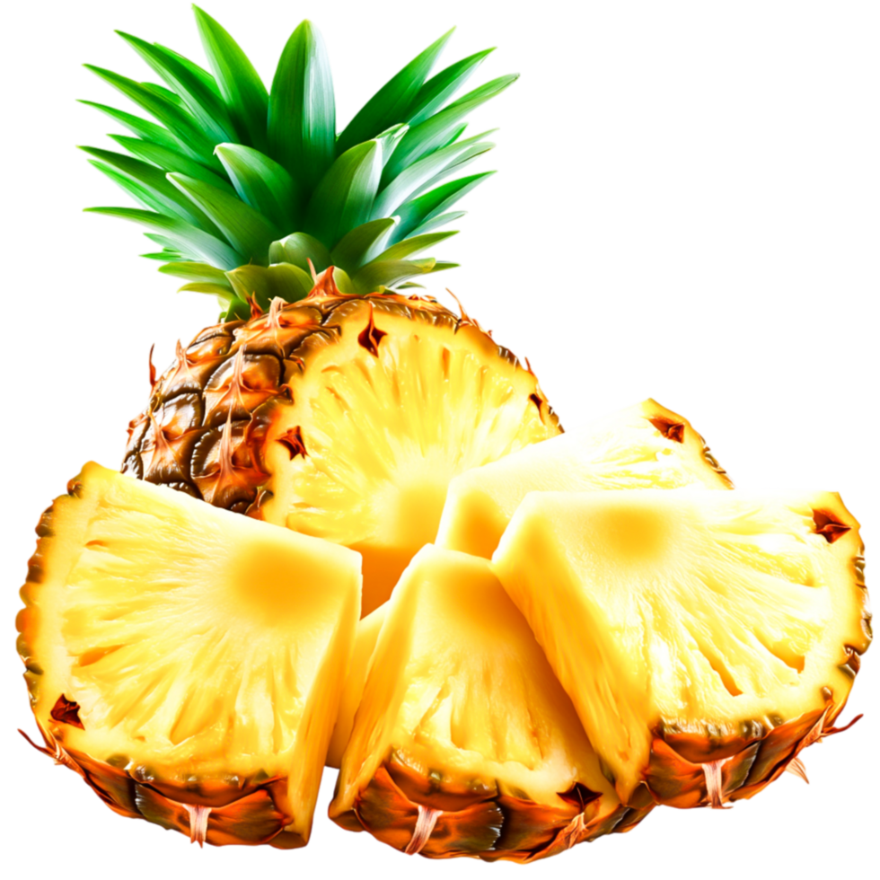 Fresh Pineapple Cut into Slices with Vibrant Green Leaves on Top png