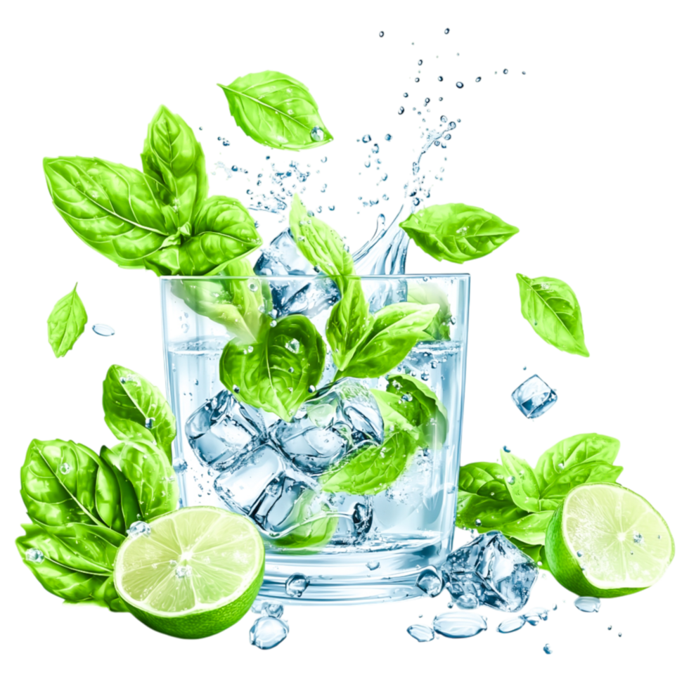 Fresh Mint Lime Water with Ice Cubes and Green Leaves in a Glass png