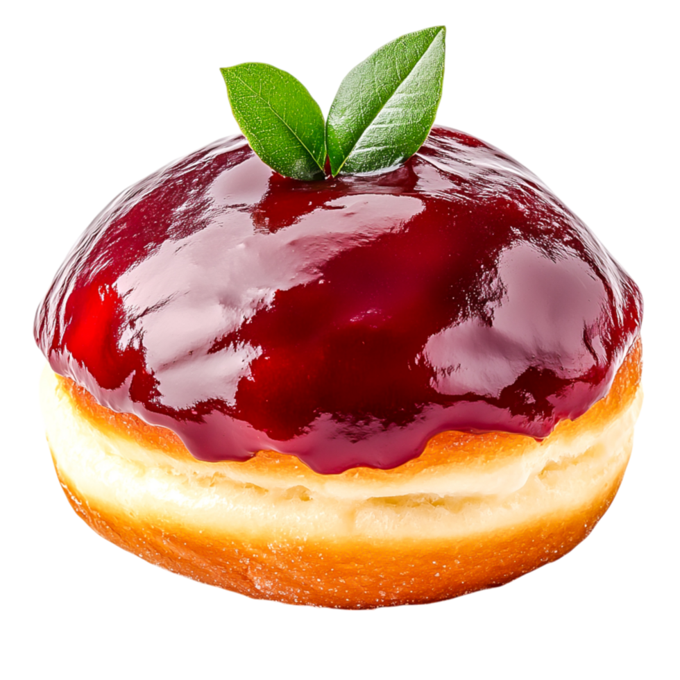 Delicious Glazed Donut with Cherry Jam Topping and Green Leaf Decoration png