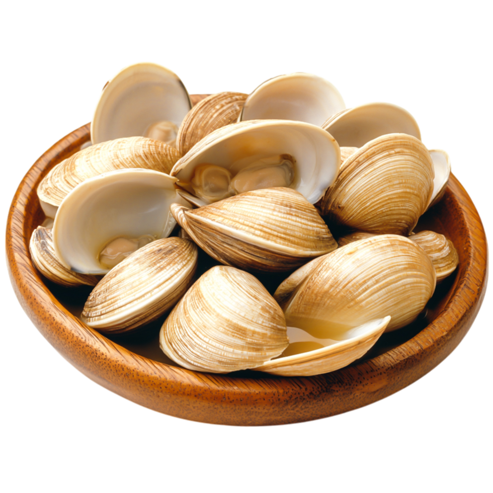 Fresh Shellfish Displayed in Natural Wooden Bowl on png