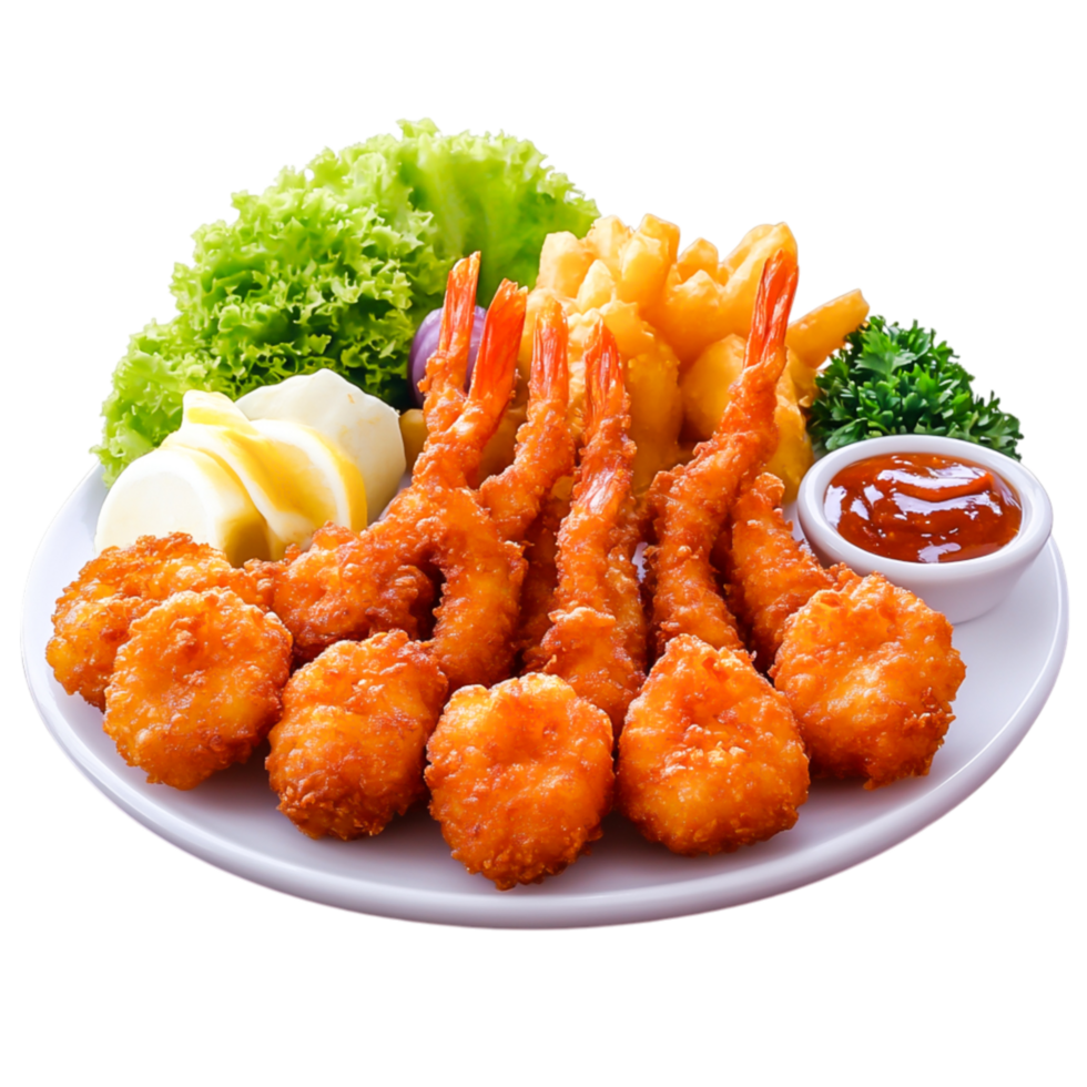 Crispy Fried Shrimp with Side Dishes and Fresh Vegetables on White Plate png