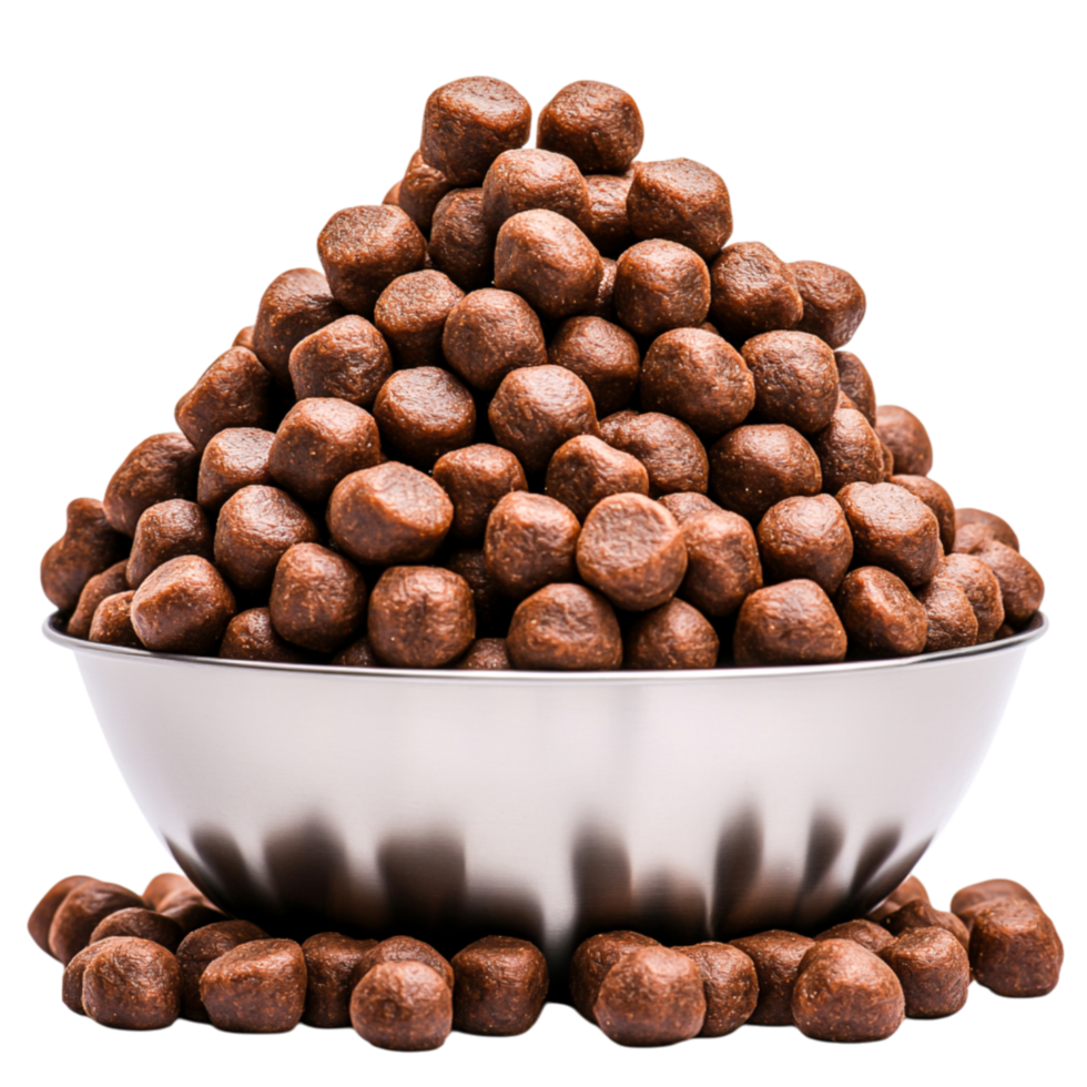 Pile of Round Brown Snack Balls in Stainless Steel Bowl Displayed on png