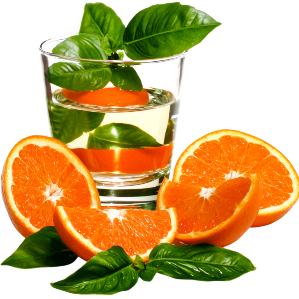 Refreshing Orange Beverage with Basil and Slices Bright Background png