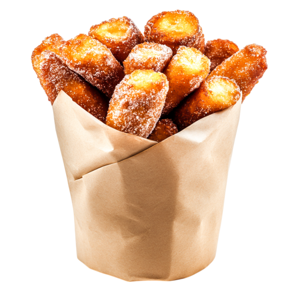 Deep Fried Treats in Paper Cone with Sugar Coating and Golden Brown Color png