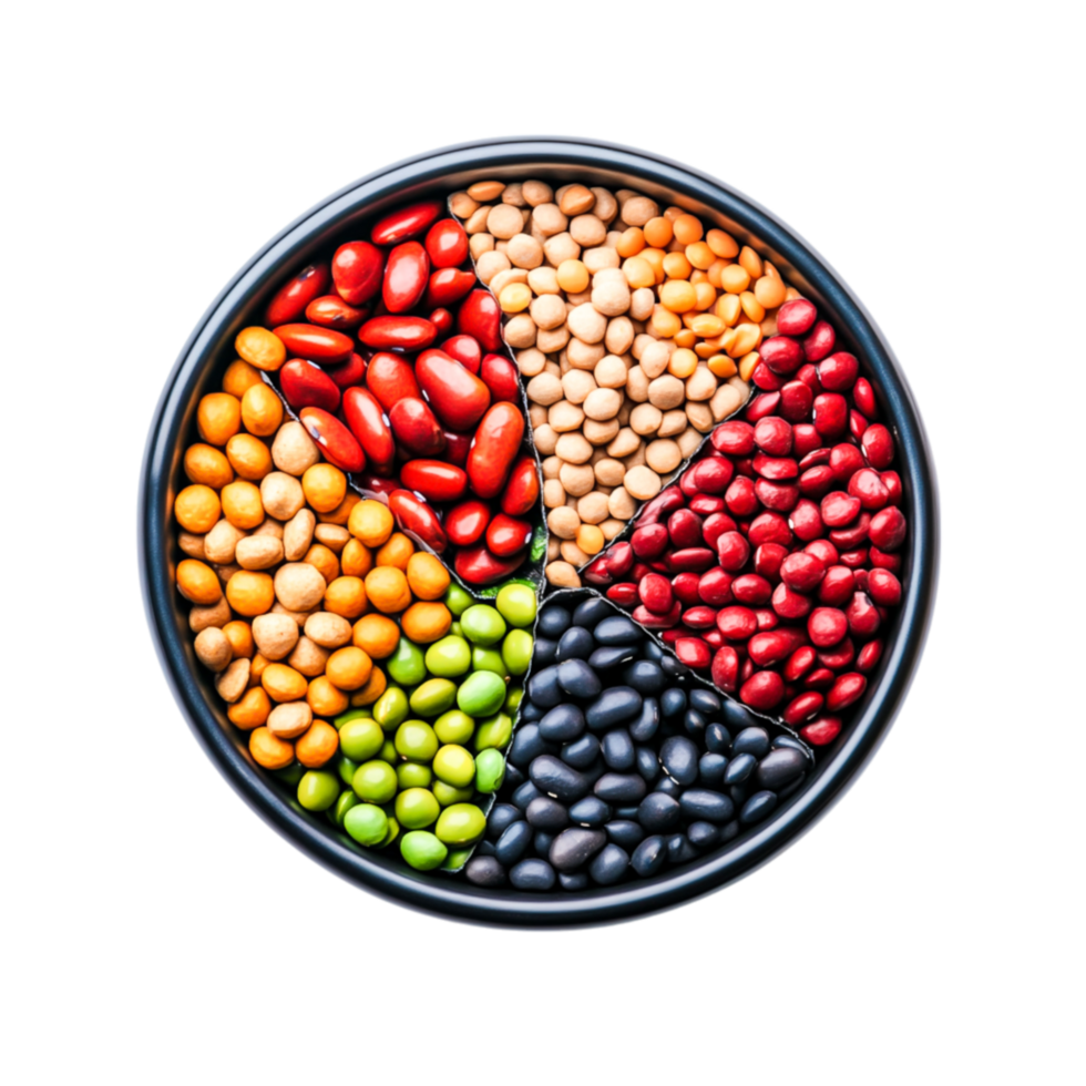 Colorful Display of Assorted Dried Beans in Circular Bowl Arrangement png