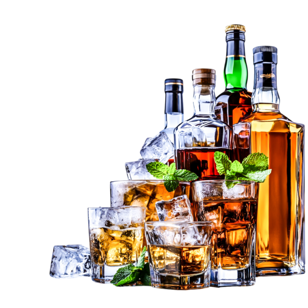 Selection of Whiskey and Spirits with Ice Cubes in Various Glasses png