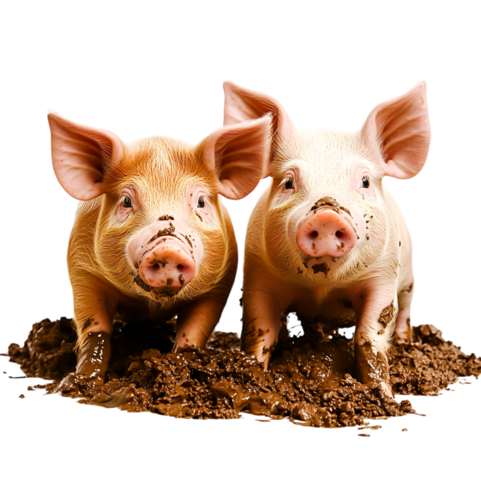 Playful Baby Pigs Playing in Mud on a Farmyard During Sunny Day png