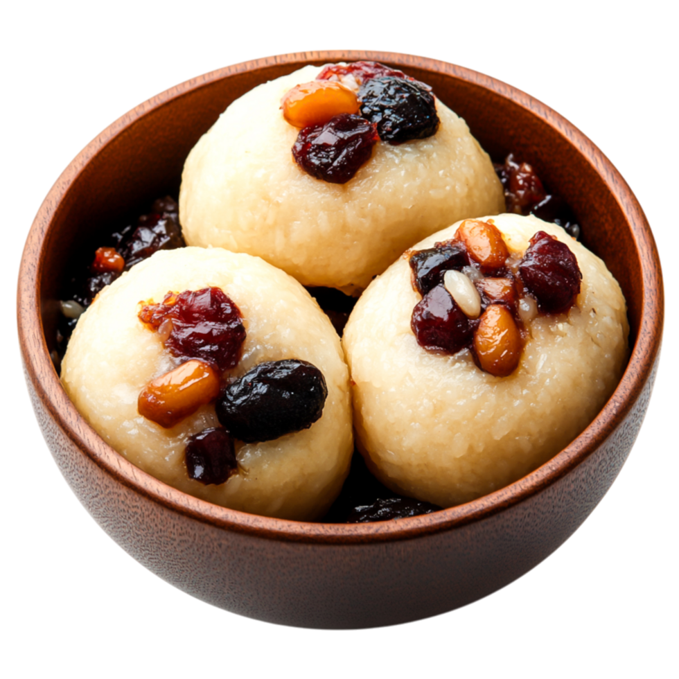 Delicious Sweet Rice Balls with Mixed Nuts and Dried Fruits in Bowl png