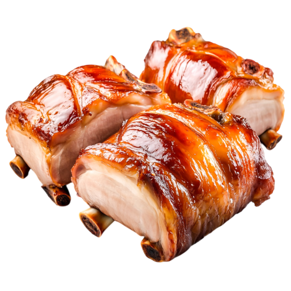Delicious Glazed Meat Rolls on Wooden Cutting Board Isolated on png