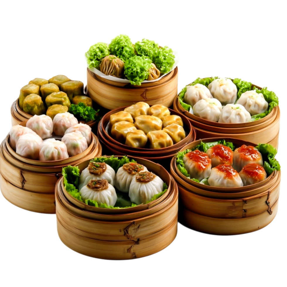 Assorted Delicious Dumplings in Bamboo Steamer with Fresh Green Lettuce png
