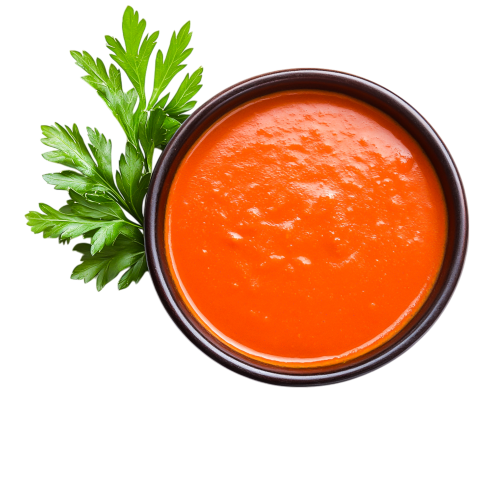 Fresh Homemade Tomato Soup in a Bowl with Garnish of Green Herbs png