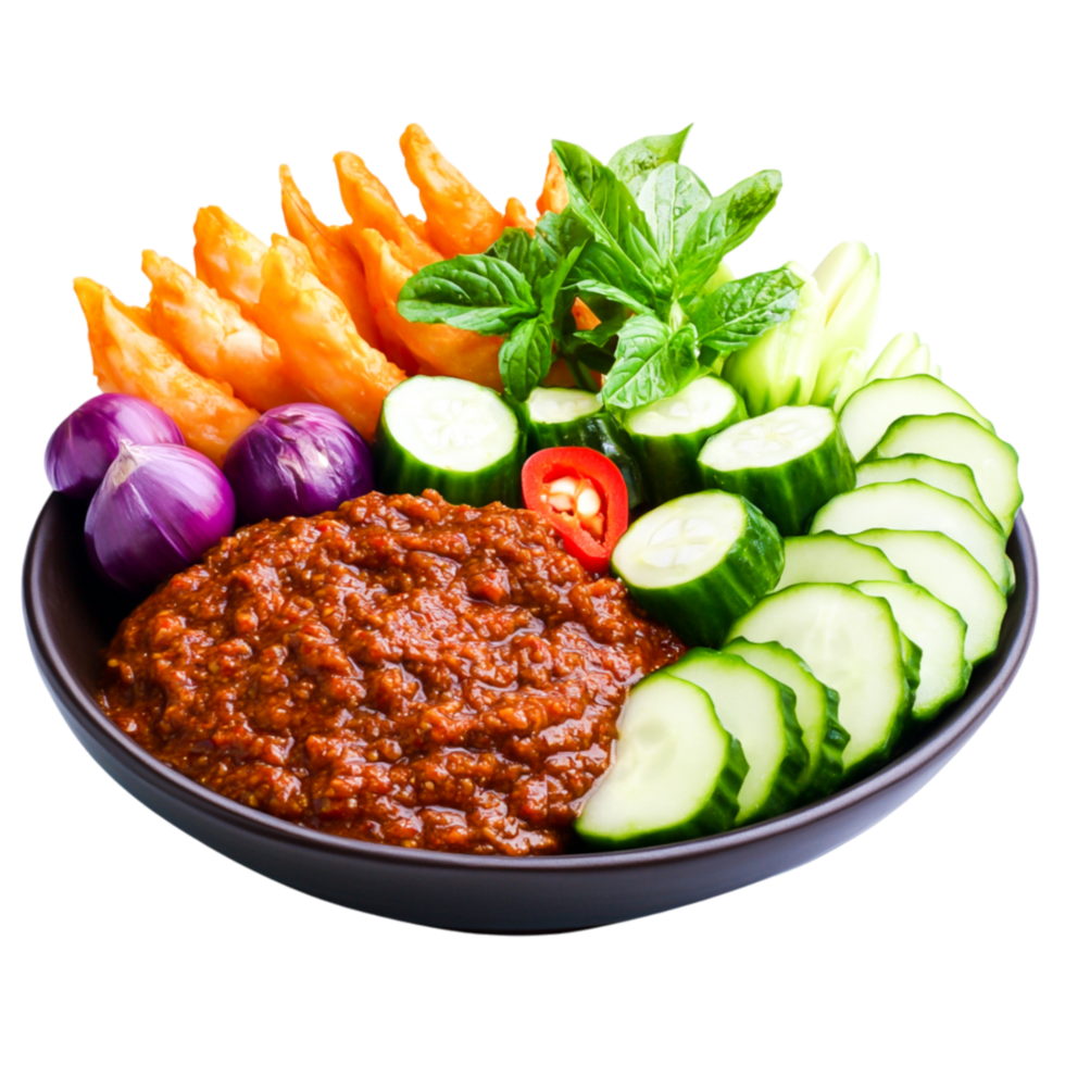 Delicious Spicy Sauce with Fresh Vegetables and Crispy Snacks in Bowl png