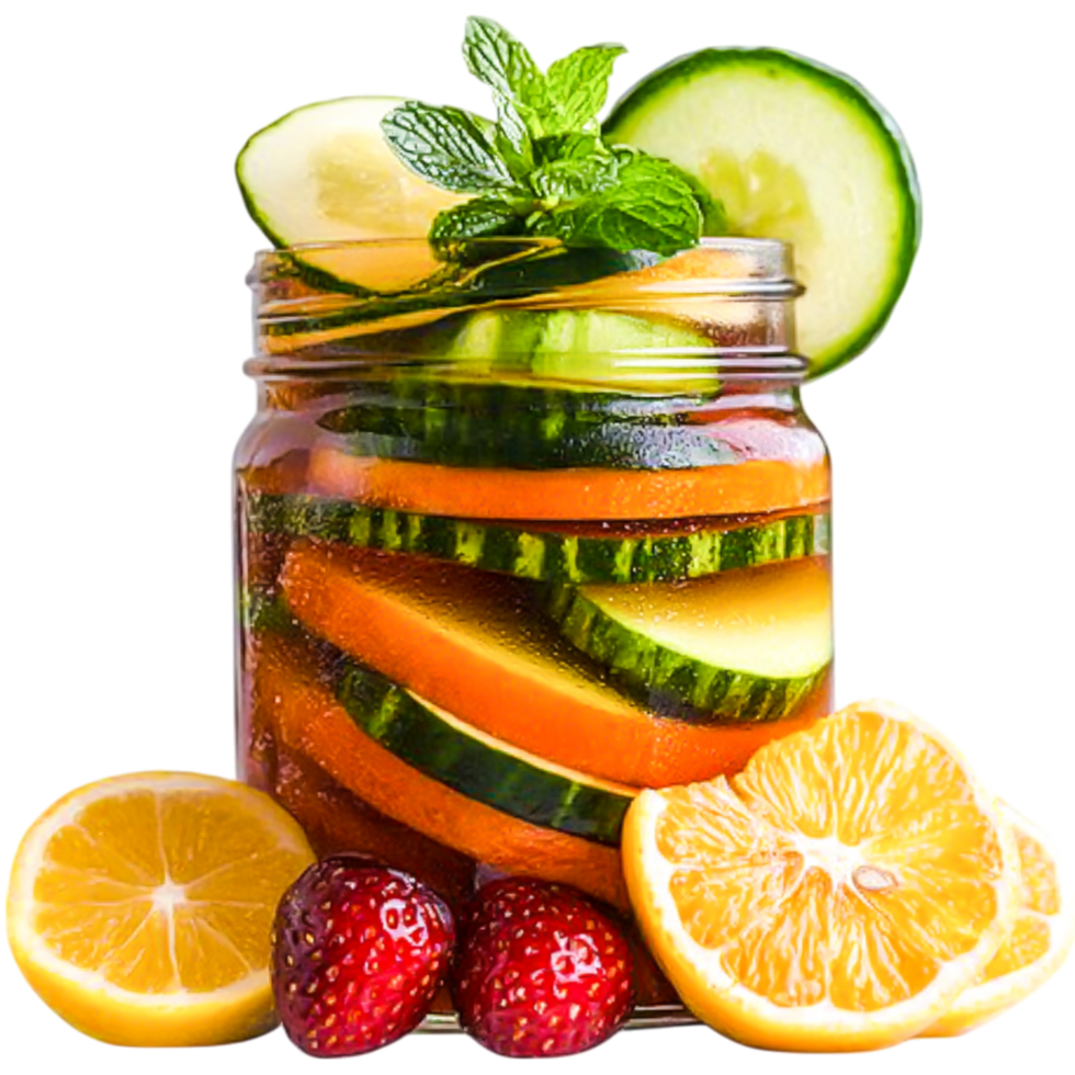 Refreshing Fruit and Vegetable Infused Water in a Glass Jar with Mint png