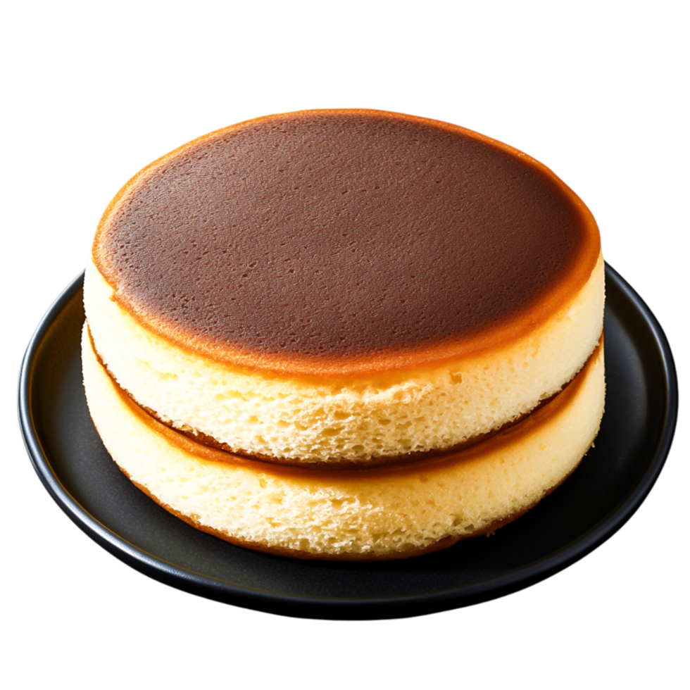 Fluffy Japanese Cheesecake on Black Plate with Soft Texture and Brown Top png