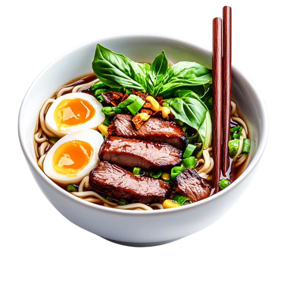 Delicious Asian Noodle Bowl with Beef, Eggs, and Fresh Vegetables png