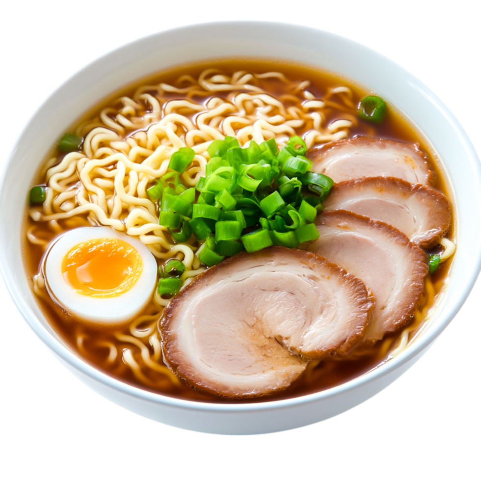 Delicious bowl of ramen with sliced pork, green onions, and soft boiled egg png