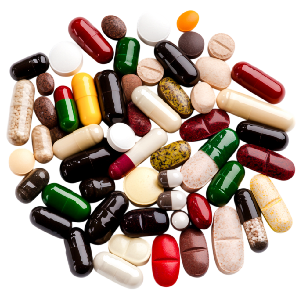 Assortment of Colorful Nutritional Supplements and Medication on png