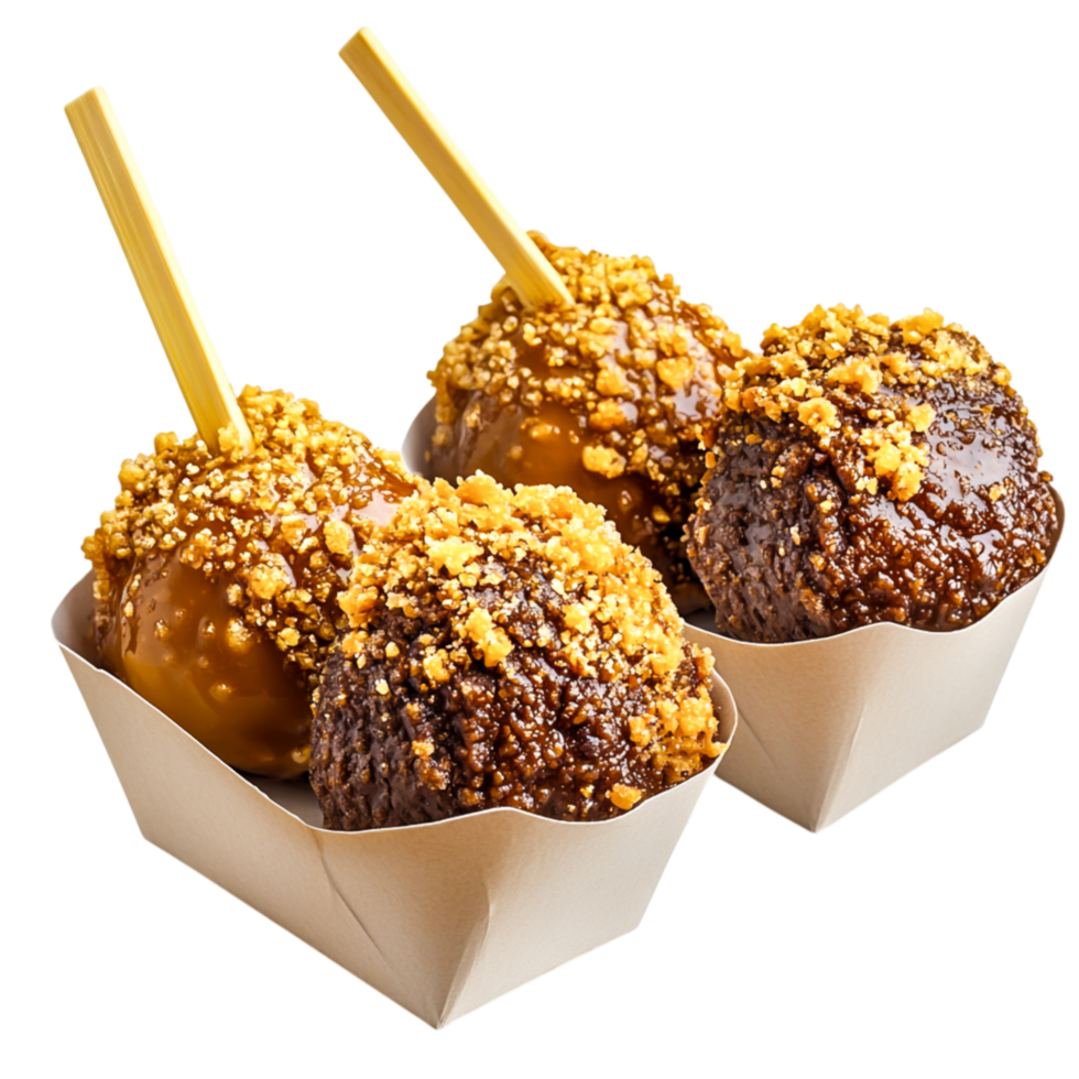 Delicious Dessert Treats with Chocolate Coating and Crunchy Topping png