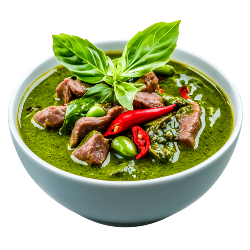 Fresh Green Curry with Meat and Vegetables in White Bowl png