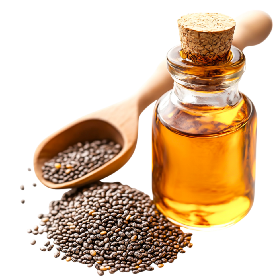 Chia Seeds and Oil in Beautiful Glass Bottle with Wooden Spoon Display png