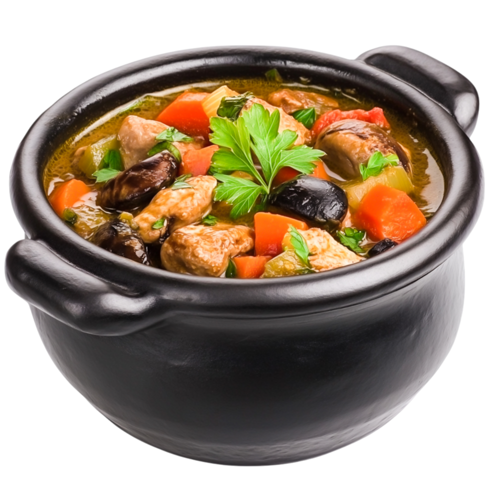 Delicious Homemade Stew in Black Pot with Fresh Vegetables and Herbs png