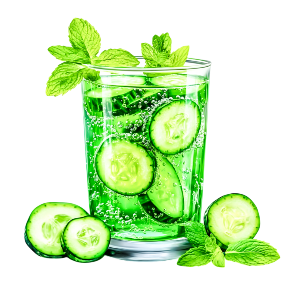 Refreshing Mint Cucumber Beverage with Bubbles in Clear Glass on Table png