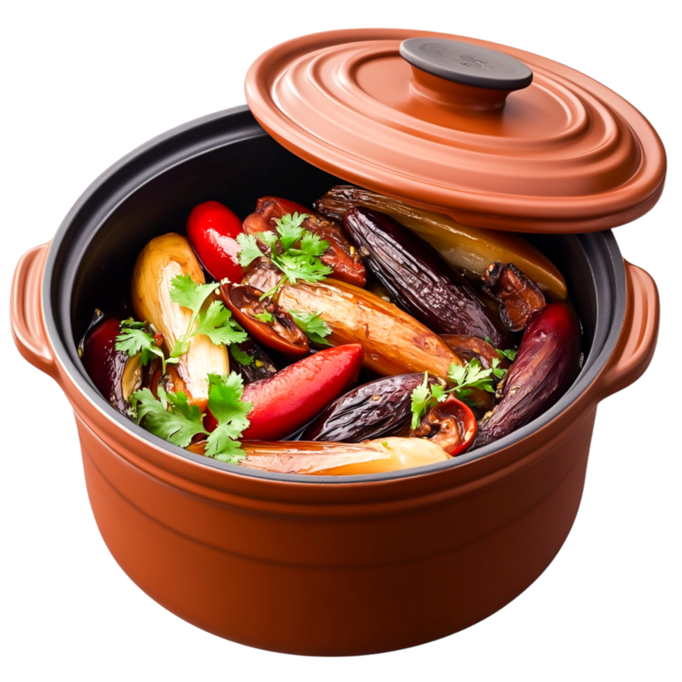 Colorful Assorted Peppers and Vegetables Stew in Clay Pot with Herbs png