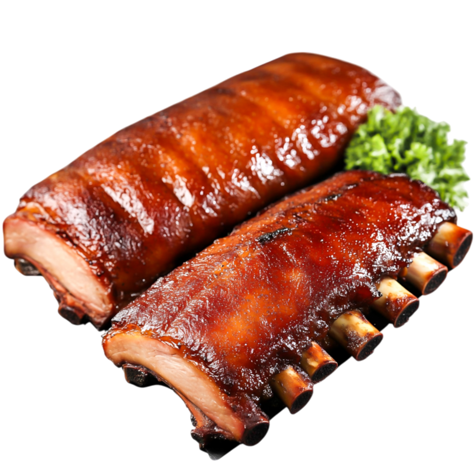 Juicy Barbecue Ribs Glazed with Sauce Plate with Fresh Greens png