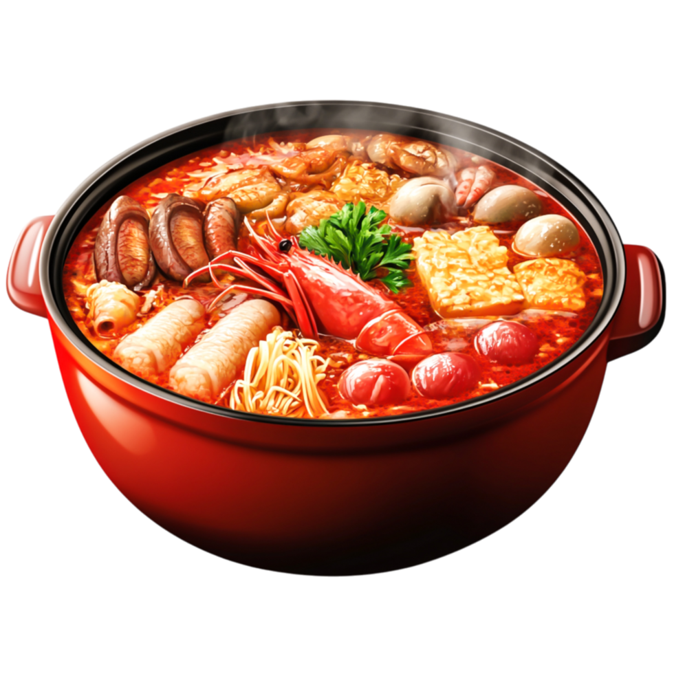 Colorful Hot Pot Filled with Fresh Ingredients and Aromatic Broth png