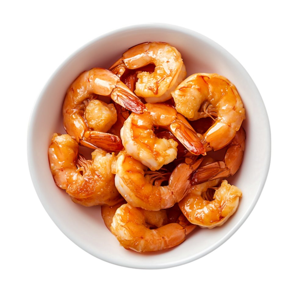 Fresh Cooked Shrimp in a White Bowl Garnished with Sauce and Herbs png
