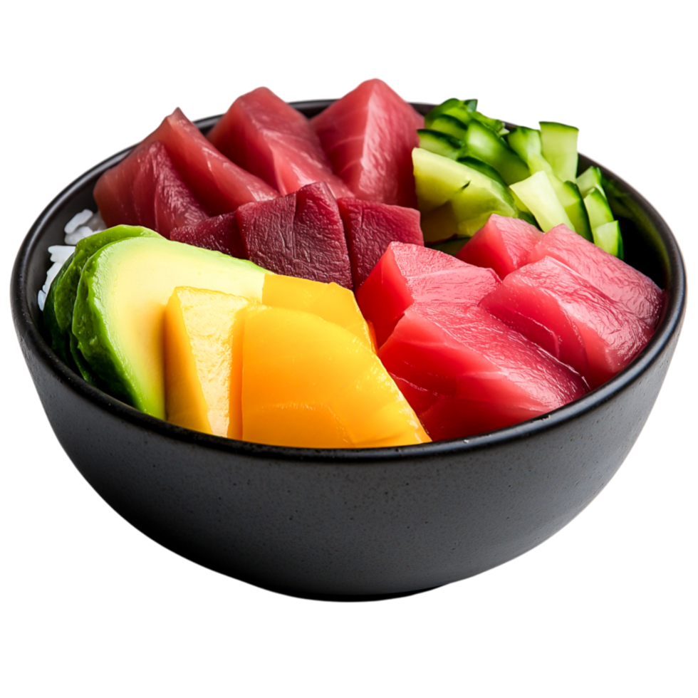Fresh sushi bowl with assorted sashimi, avocado, and cucumber salad png