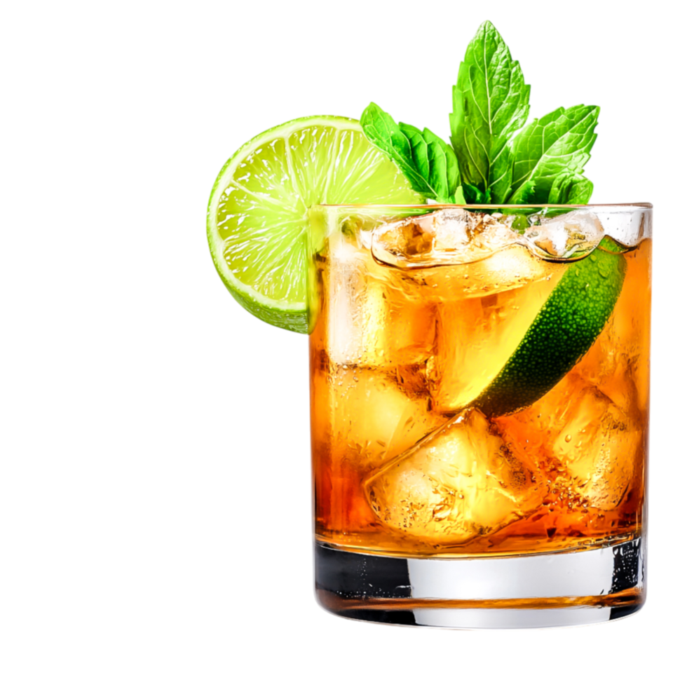 Refreshing Cocktail with Ice Lime and Mint Garnish in Glass png