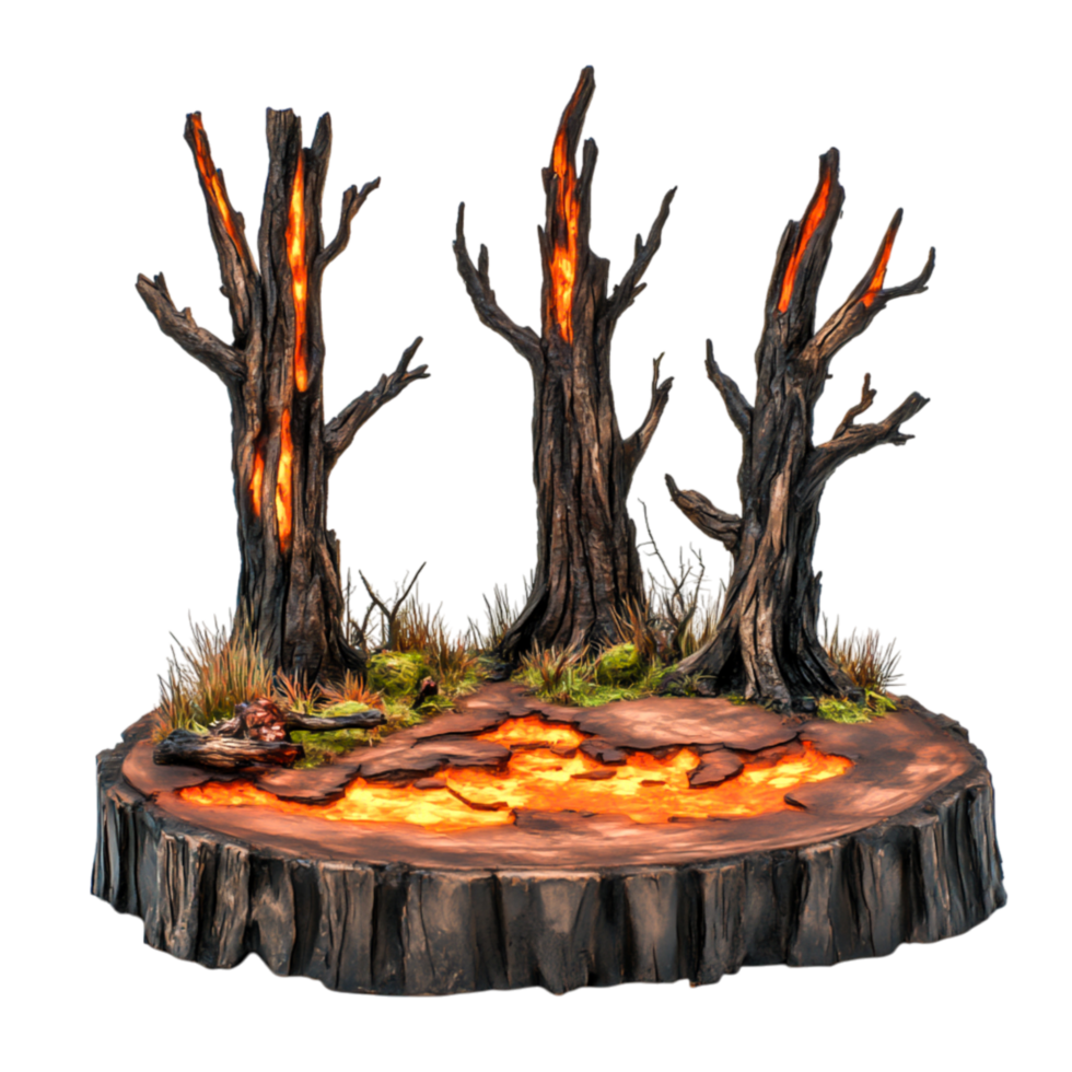 Fiery Tree Stumps Surrounded by Flames and Grass in Fantasy Landscape png