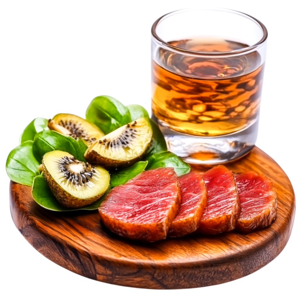 Fresh Slices of Meat with Kiwi and Green Leaves on Wooden Board png