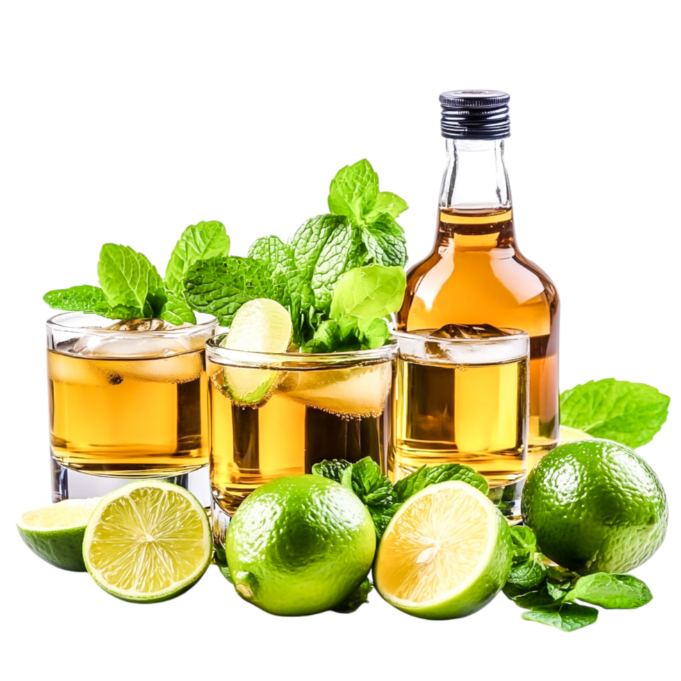 Refreshing Beverage Setup with Limes, Mint Leaves, and Bottle of Liquor png