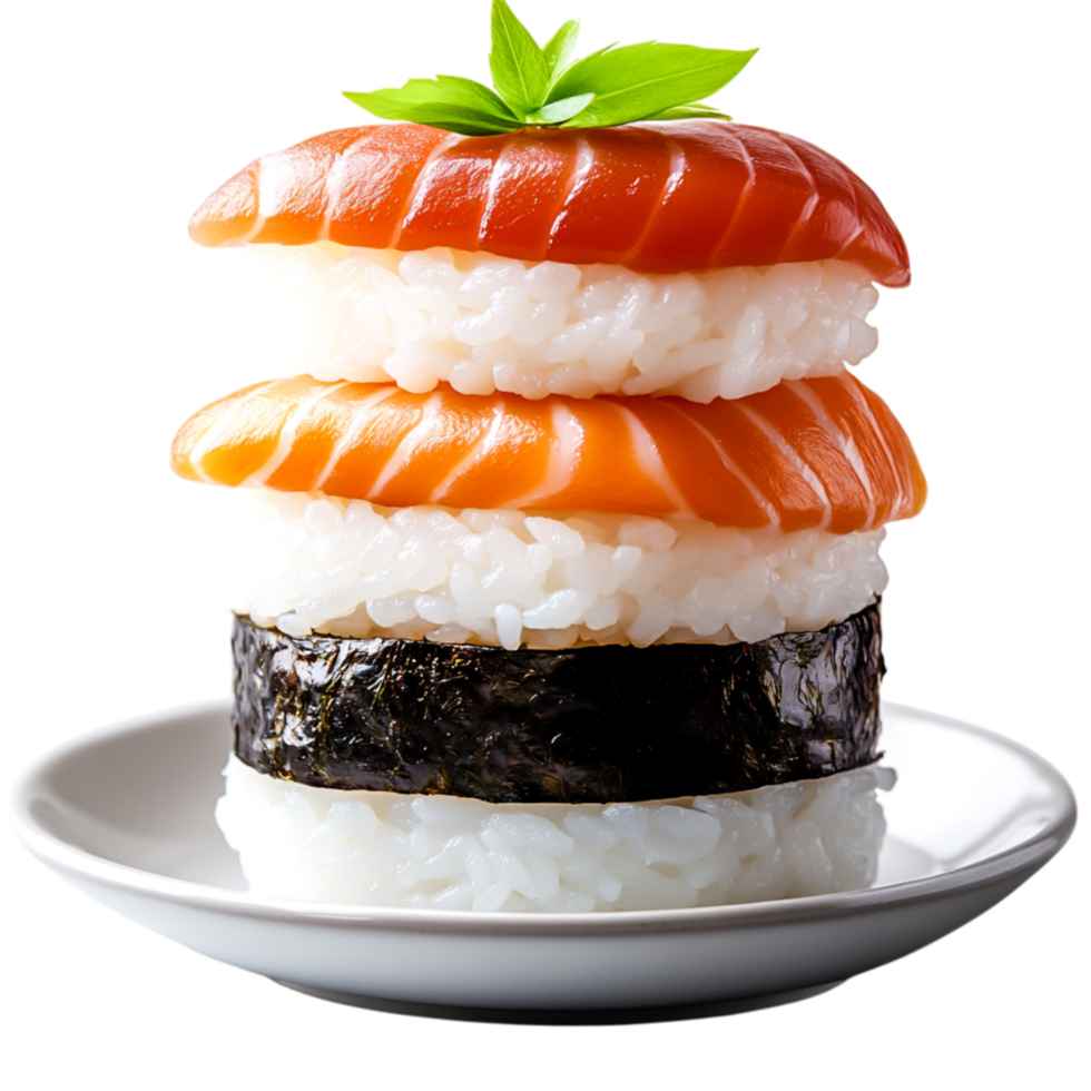 Delicious Stack of Sushi with Salmon, Rice, and Nori Plate png