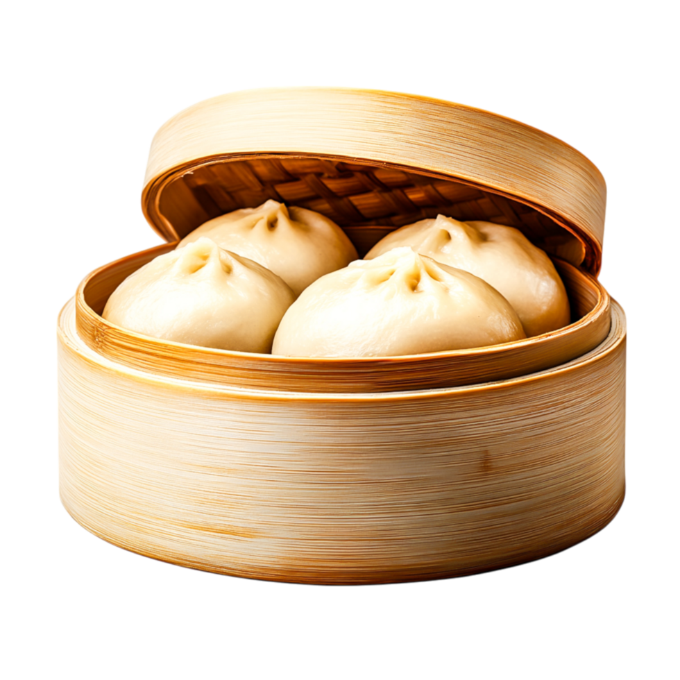 Steaming bamboo basket filled with delicious steamed buns ready to eat png