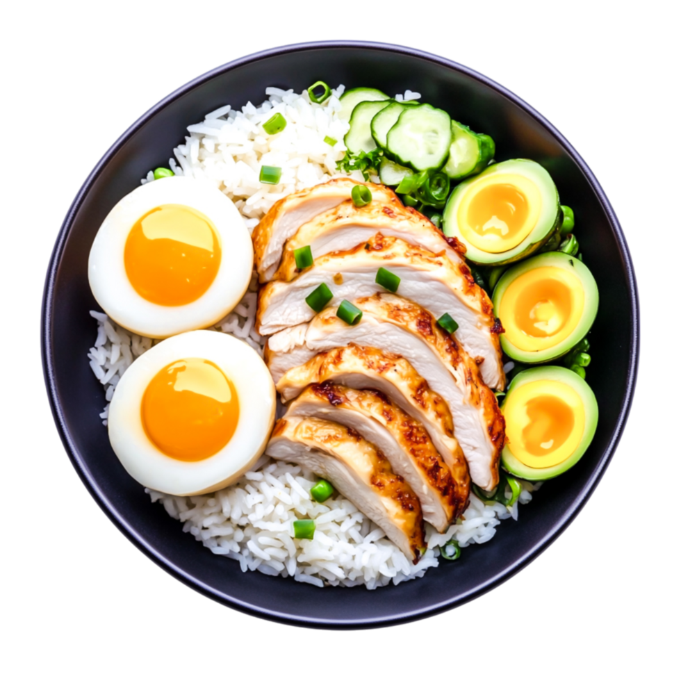 Delicious Bowl of Rice with Grilled Chicken and Soft Boiled Eggs png
