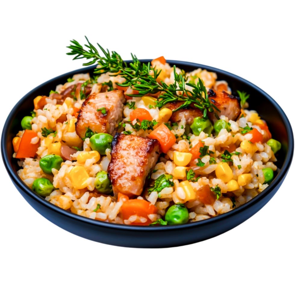 Delicious Vegetable Fried Rice with Chicken and Fresh Herbs in Bowl png